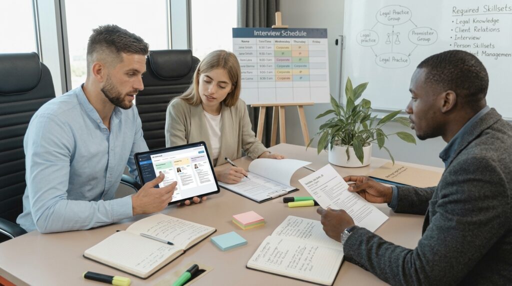 Law firm hiring team reviewing resumes and planning interview strategies in a conference room